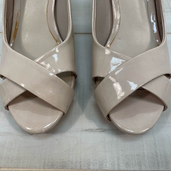 Nickels Nude Jay Criss Cross Peep Toe Vegan Heels Sz 7.5 Patent - Picture 4 of 9